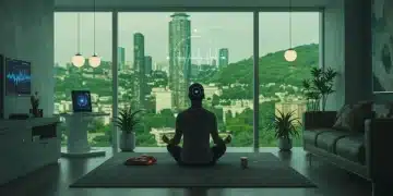 Person meditating peacefully in a modern, minimalist apartment, embodying stress resilience