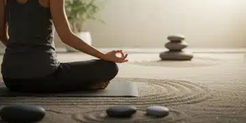 Person meditating in a minimalist Zen garden setting, embodying peace and simplicity.