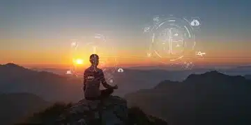 Futuristic personal growth landscape with meditator and digital insights