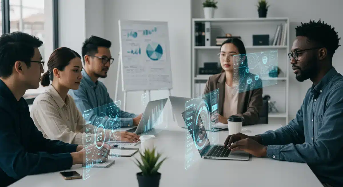 Professionals collaborating in a virtual reality meeting with advanced tech