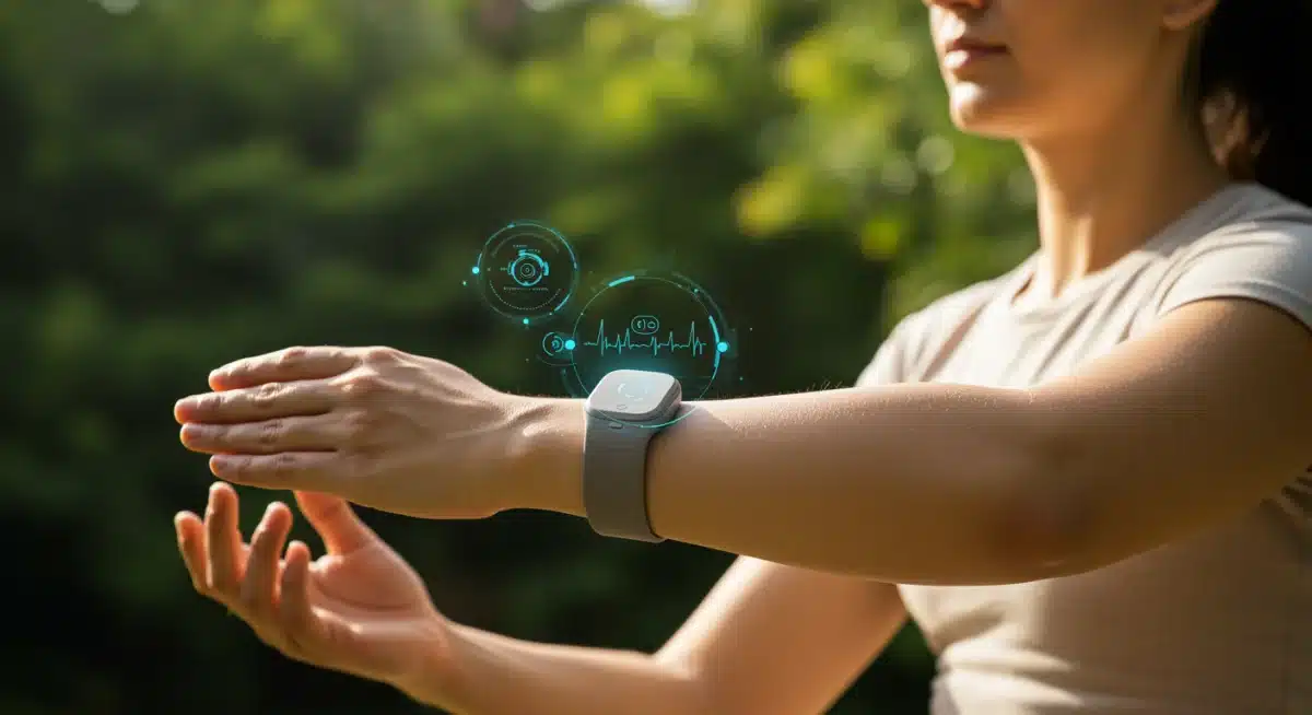 Individual using a biofeedback device for stress reduction in a tranquil setting