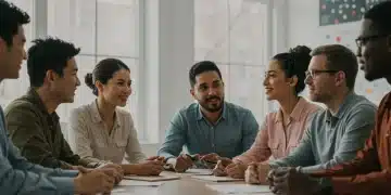 Diverse group of US residents practicing emotional intelligence in a collaborative setting.