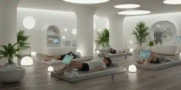 Futuristic individuals engaging in advanced relaxation techniques amidst serene, high-tech environment