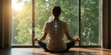 Person meditating, integrating digital tools and nature for 2026 personal growth.