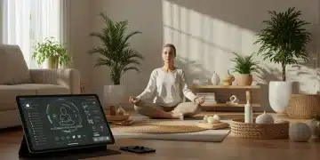 Minimalist living room with person meditating, embodying mindful consumption