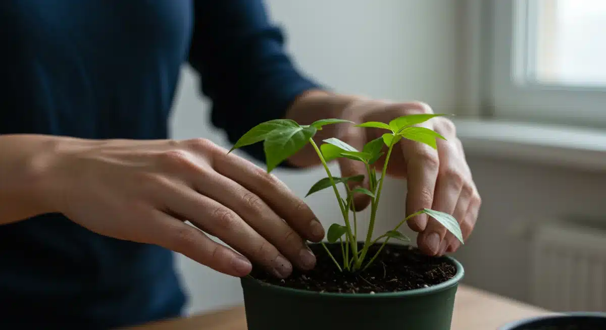 Hands mindfully tending to an indoor plant, representing connection with nature