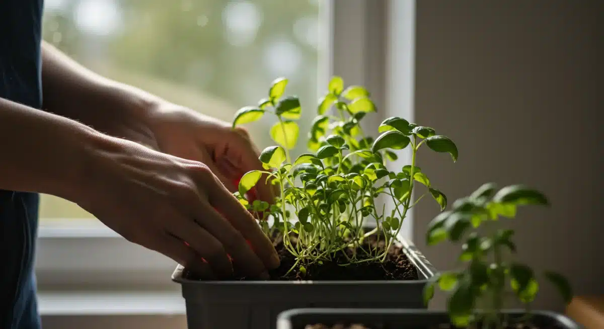 Hands tending to an indoor herb garden, symbolizing mindful connection with nature.