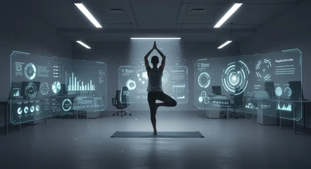 Person practicing tree pose in a futuristic office, integrating a 10-minute yoga break for focus and balance.
