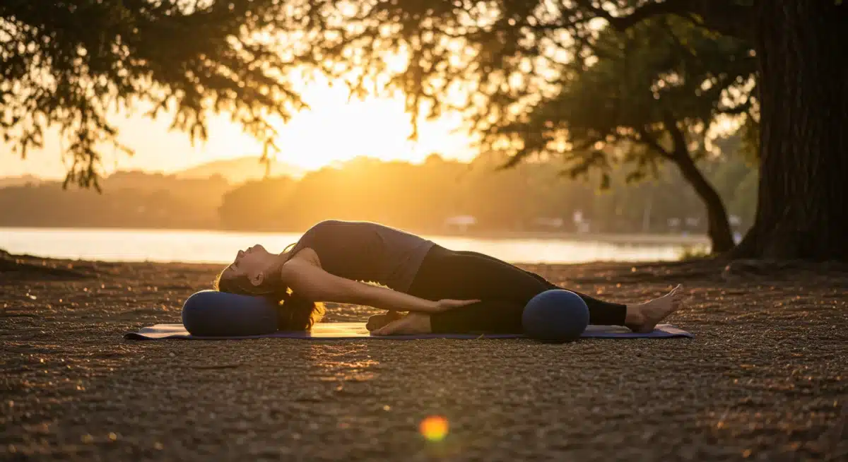 Person practicing restorative yoga outdoors for stress management