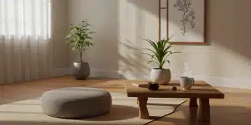 Serene living room with minimalist Zen decor and natural light