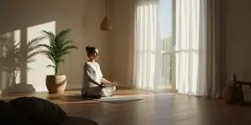 Person meditating in a calm, sunlit room embodying slow living principles