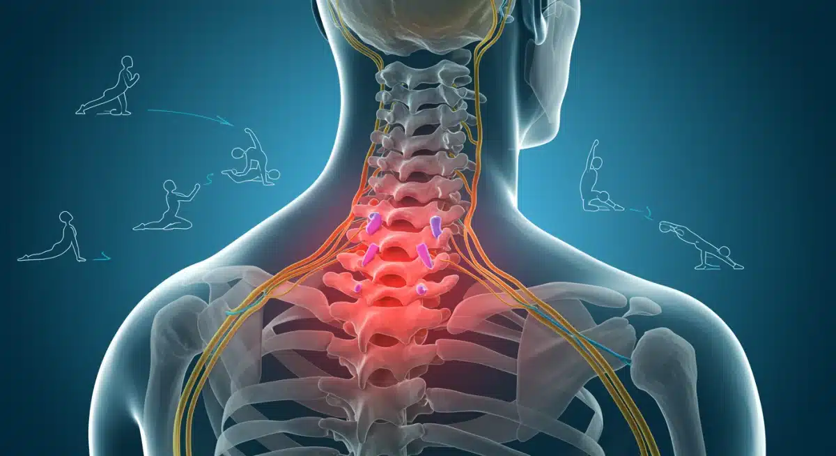 Illustration of spine and yoga poses for pain management