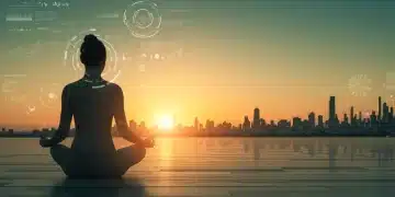 Woman meditating calmly in a futuristic urban setting at sunrise, representing stress detox.