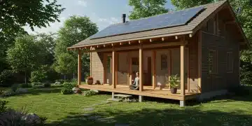 Serene American home embracing sustainable simplicity with solar panels and a peaceful garden.