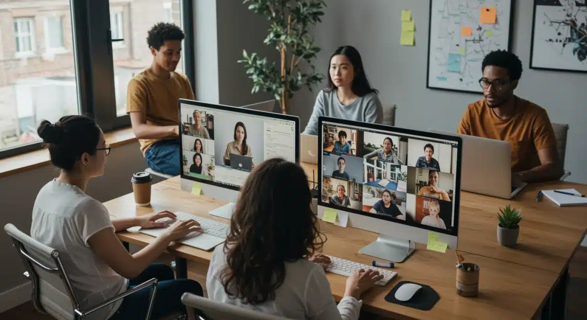 Diverse individuals in a virtual workshop, fostering conscious connection for personal growth.