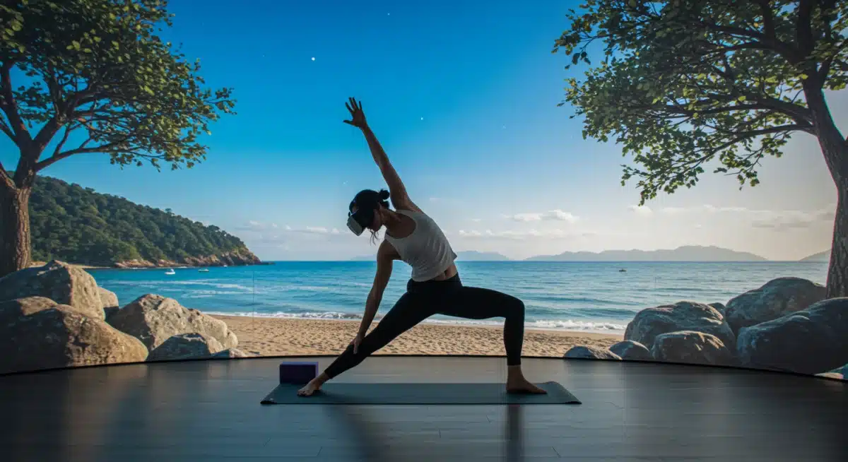 Person doing yoga in a virtual reality setting, combining movement with digital well-being.