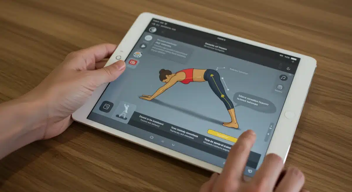 Tablet showing AI yoga app with detailed posture feedback for downward dog