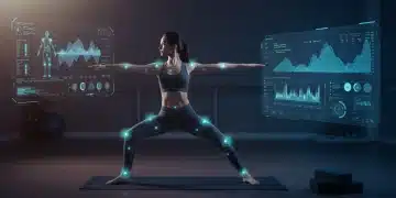 Woman in warrior pose with AI posture analysis overlay, futuristic yoga studio