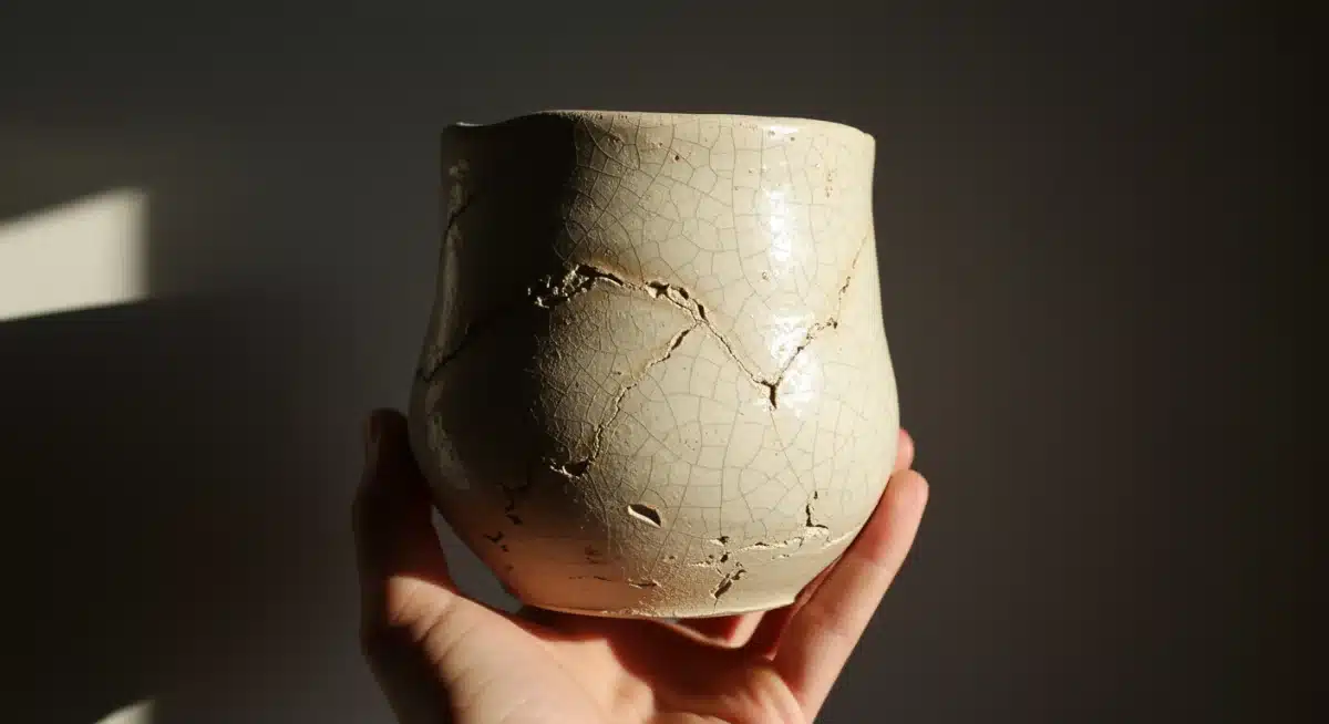 Hand holding a beautiful, imperfect ceramic pot, highlighting beauty in flaws.
