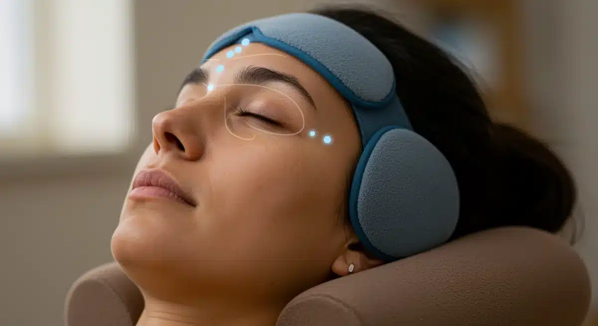 Person deeply relaxed with advanced yoga props and biofeedback
