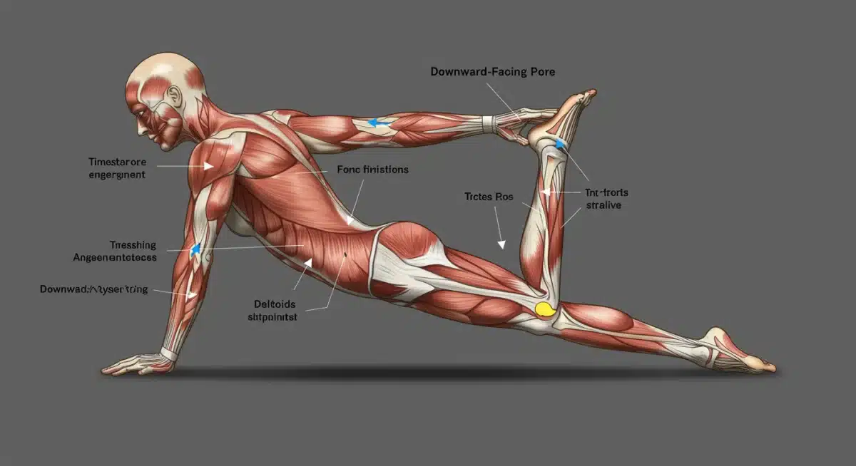 Anatomical illustration of Downward-Facing Dog showing muscle and skeletal alignment