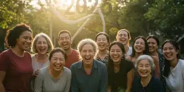 Diverse individuals embracing imperfections in a park, symbolizing self-acceptance and joy in 2026.