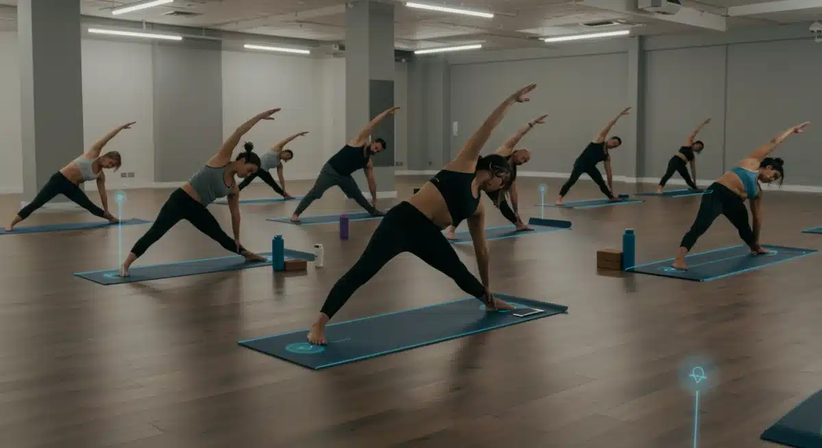 Diverse group practicing yoga with AI posture guidance in a modern studio