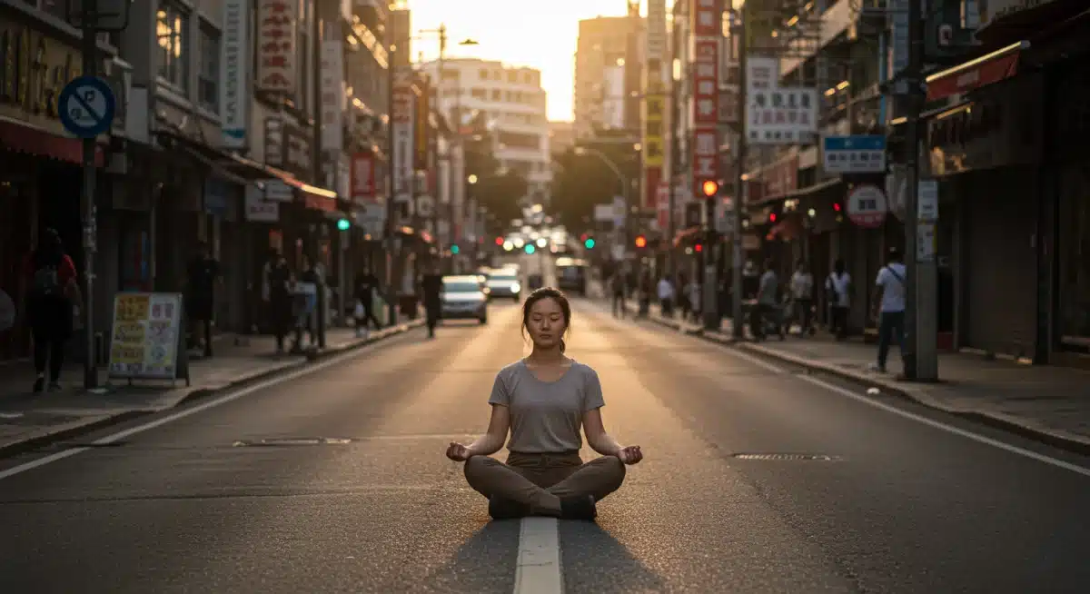 Person meditating peacefully in a chaotic city, finding calm amidst imperfection.