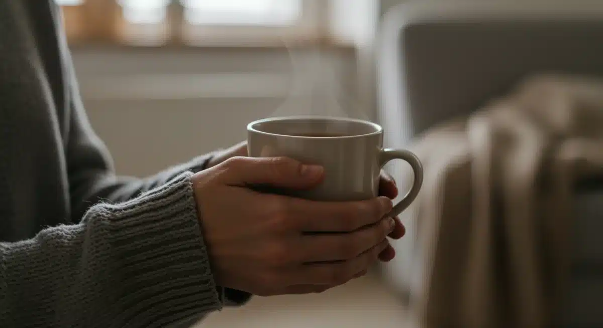 Hands holding a warm tea mug, practicing mindful sipping