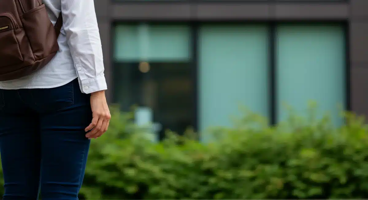 Person taking mindful walking break outside office, observing nature, promoting digital detox.