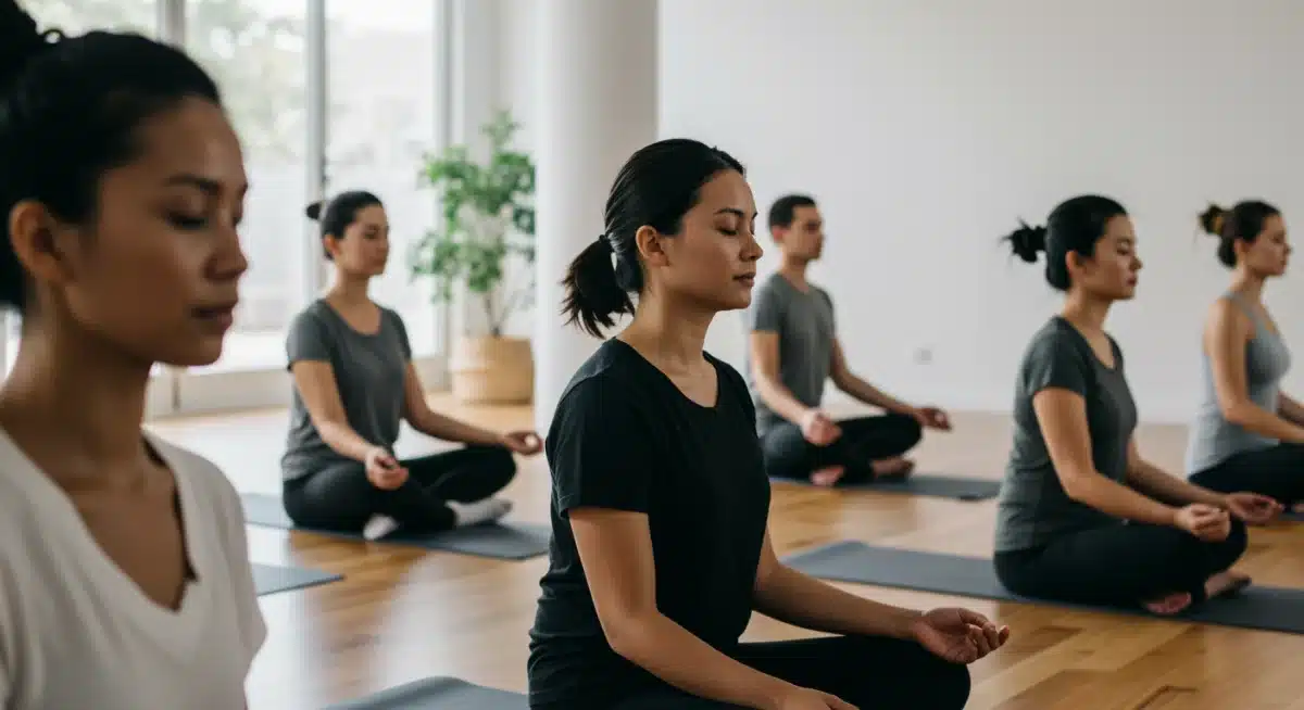 Diverse group practicing mindfulness meditation for stress reduction