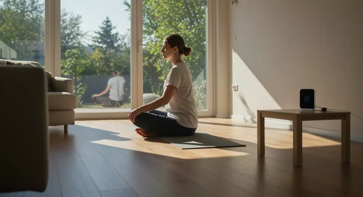 Individual meditating in a minimalist living room with natural light and subtle smart tech integration.
