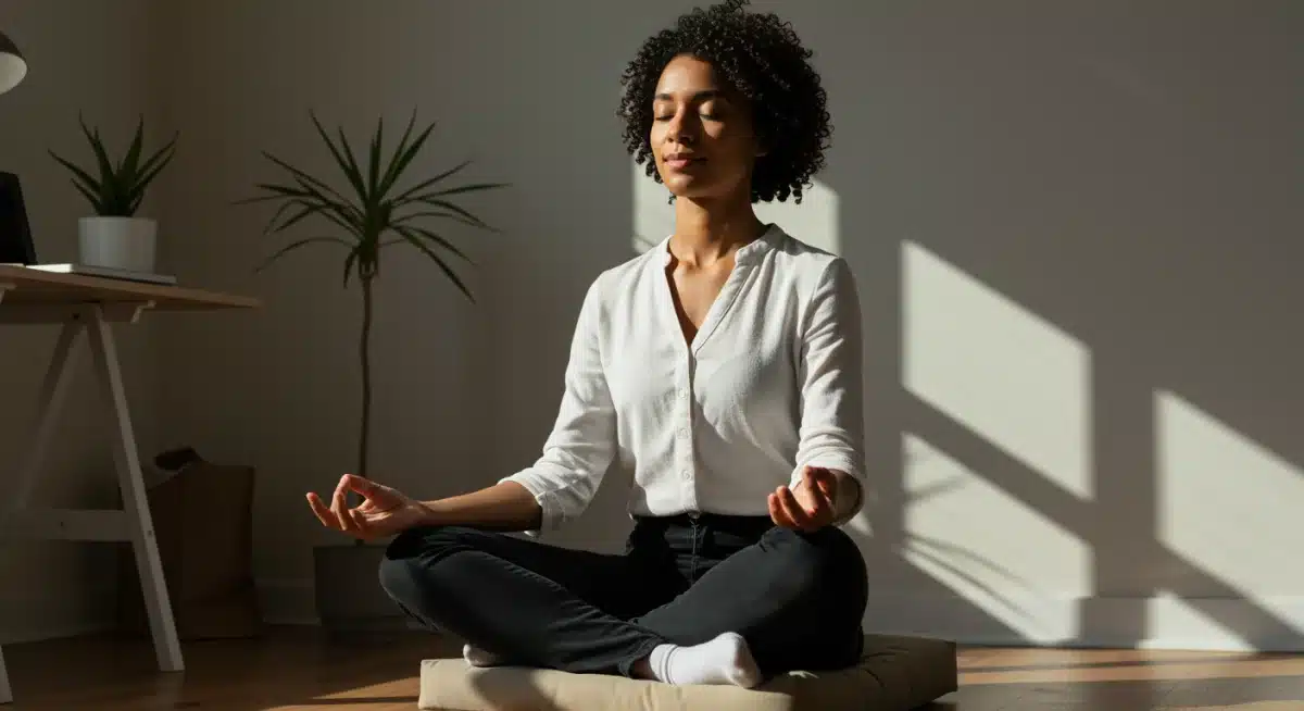 Professional meditating in a calm home office, practicing mindfulness for peak performance.