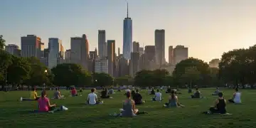 Diverse individuals meditating in a city park at dawn, finding peace amidst urban life.