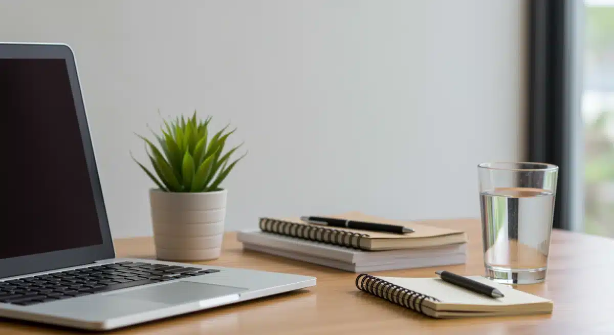 Clutter-free, organized desk with plant and water, promoting calm and productive workspace.