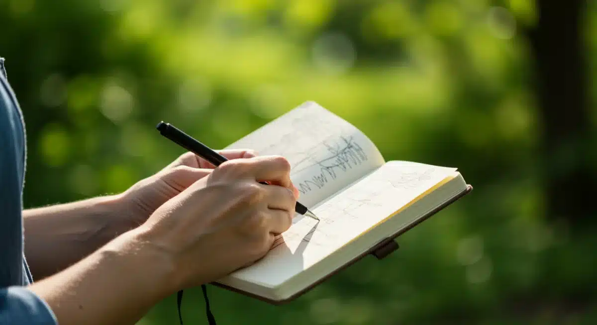 Person sketching in a journal outdoors, creative stillness