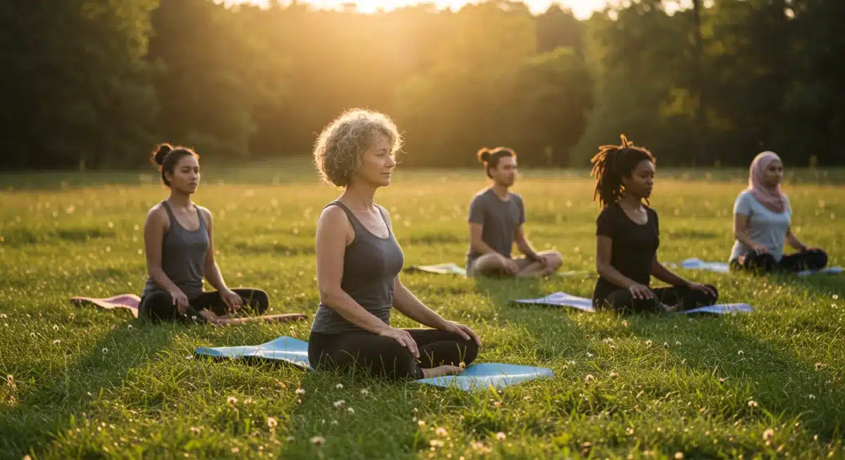 Diverse group practicing outdoor yoga, promoting community and well-being.
