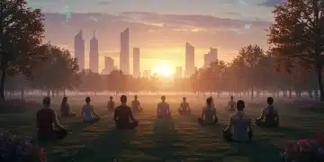 People meditating peacefully in a futuristic park, representing stress resilience and mental fortitude in 2026.