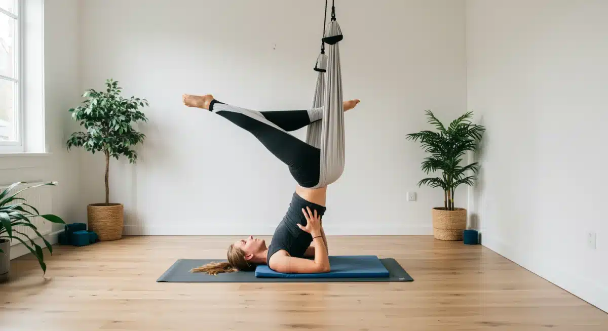 Supported inversion with advanced gravity-defying yoga sling