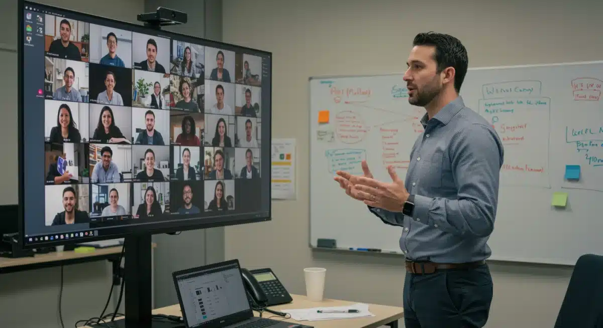 Professional leading a virtual team meeting, demonstrating effective communication and strategic planning.