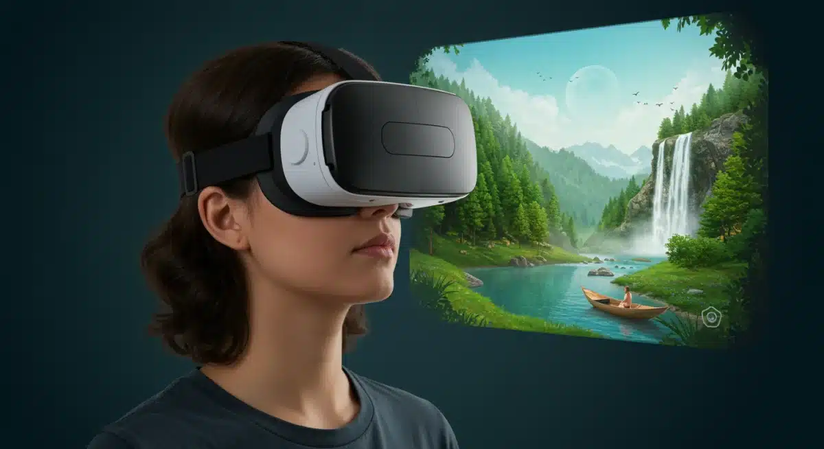 Individual using VR for guided meditation, depicting modern mental health practices.