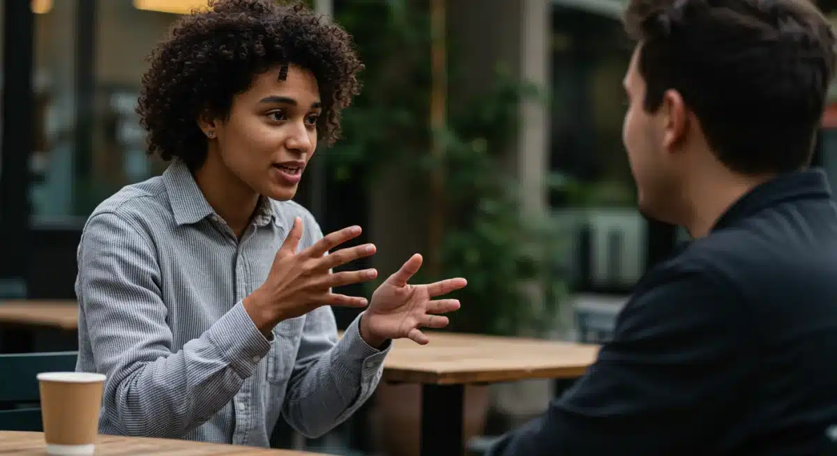 Two people engaging in active listening and empathetic communication, fostering stronger connections.