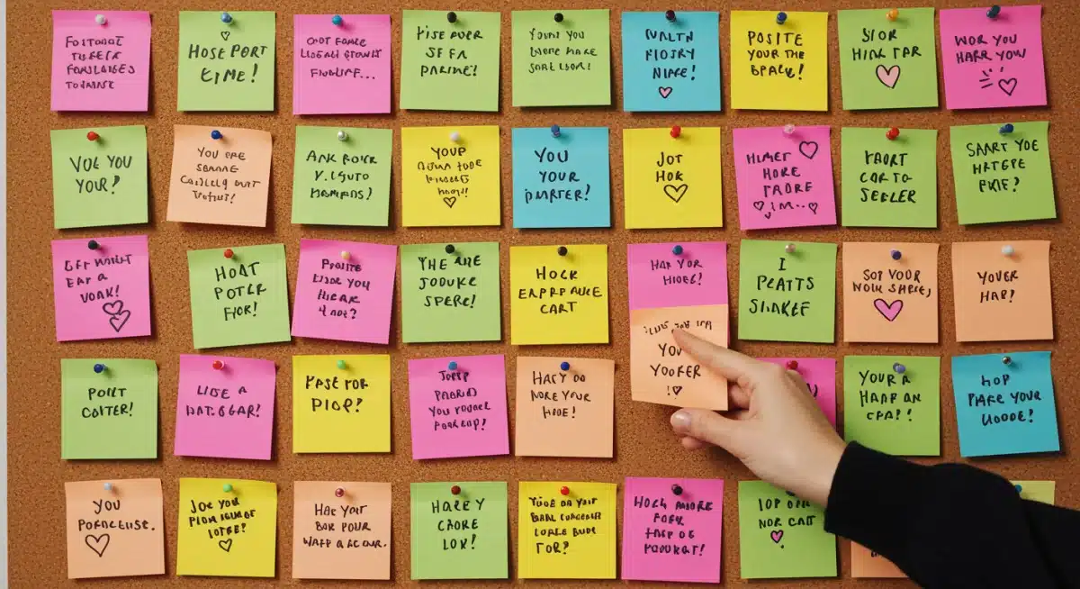 Sticky notes with positive affirmations and self-care reminders on a cork board
