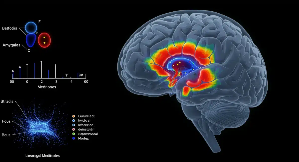 Brain scan showing reduced amygdala activity and increased prefrontal cortex activity after meditation
