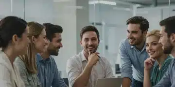 Group of diverse professionals engaging in an emotionally intelligent discussion in a modern office.
