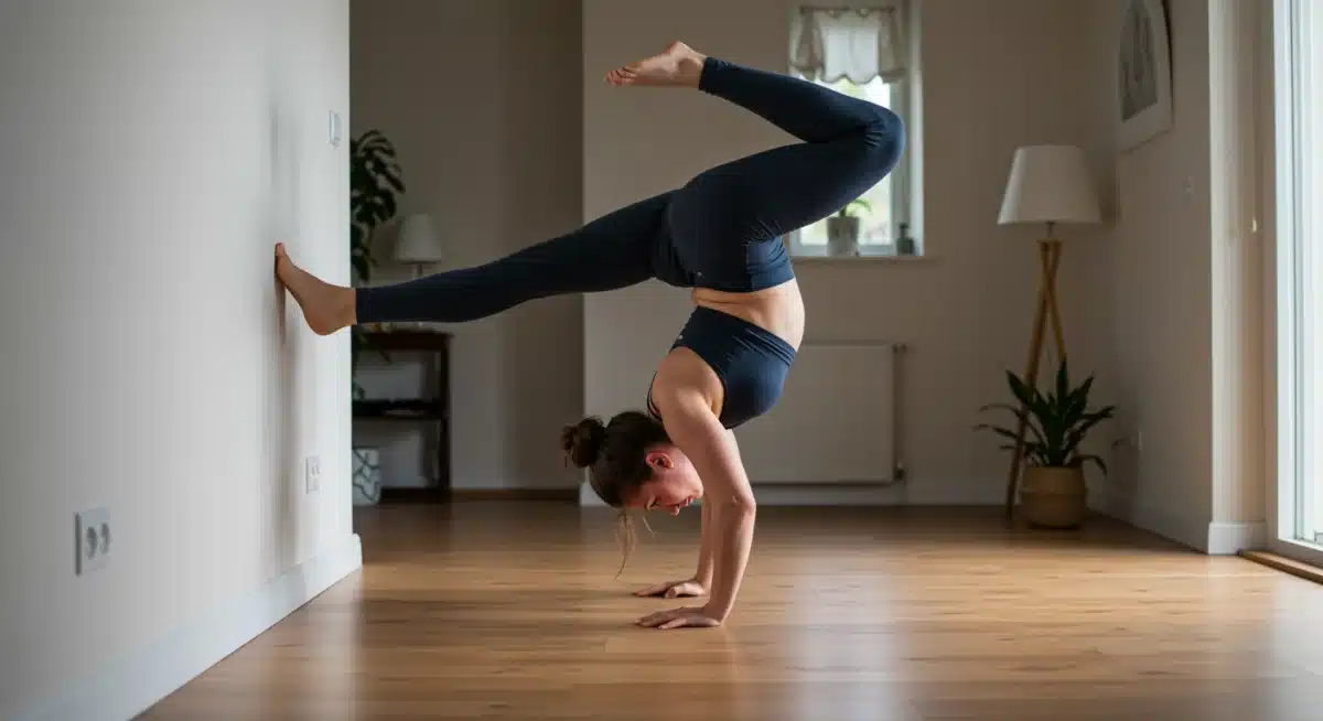 Female yogi practicing handstand against a wall for support in a home setting.