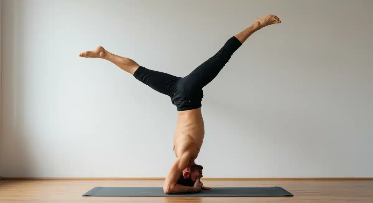 Male yogi demonstrating a perfect headstand in a yoga studio.