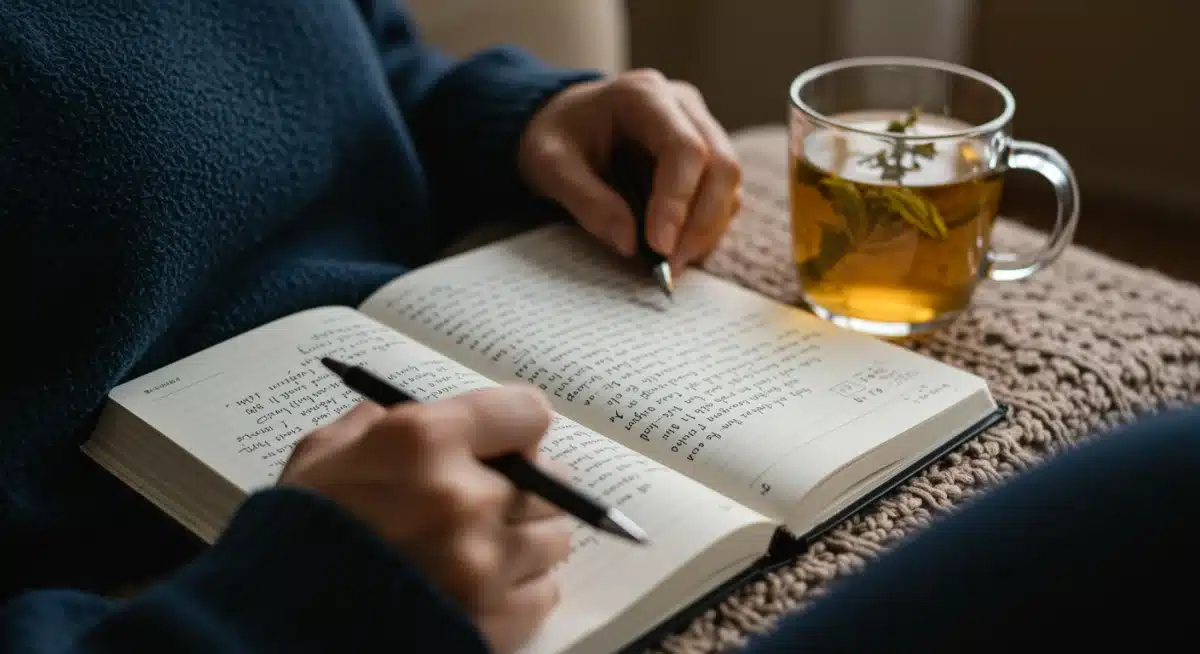Person journaling with tea, practicing mindful reflection and self-awareness