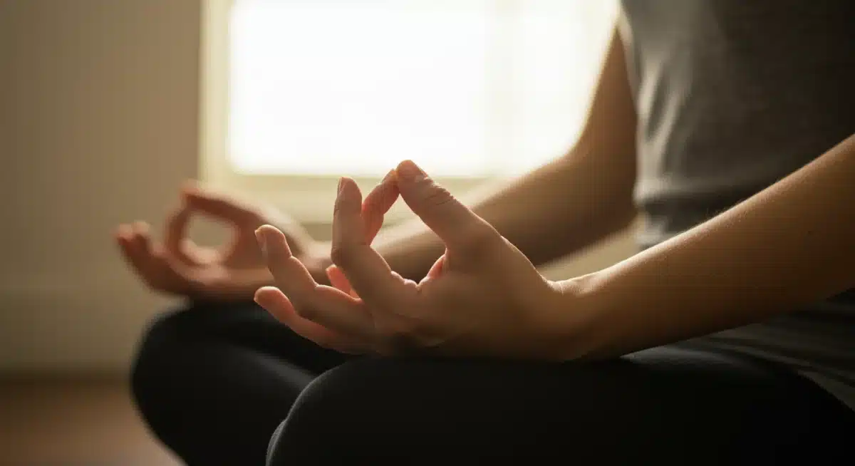 Hands clasped in meditation pose, symbolizing inner peace
