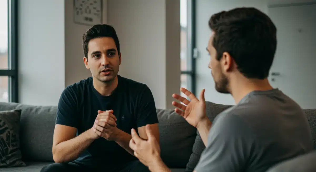 Couple practicing mindful communication, one speaking, one actively listening with empathy and understanding.